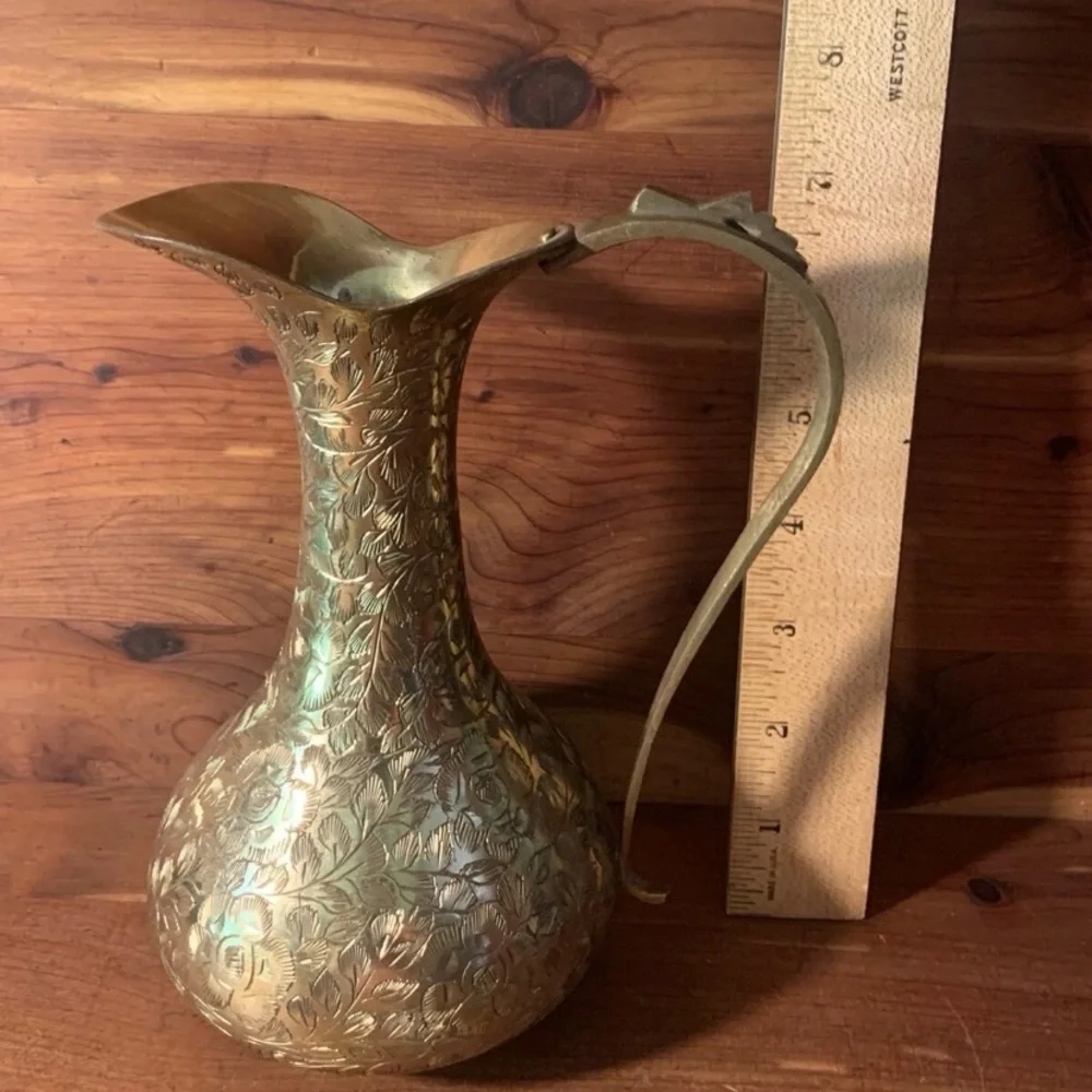 Vintage Etched India Brass 7” Pitcher - Picture 8 of 11